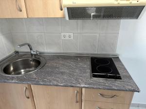 a kitchen counter with a sink and a stove at Suites Alicante in Alicante