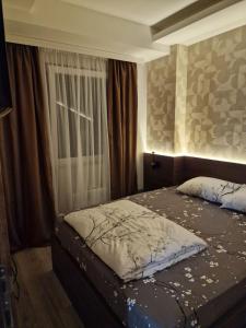 a bedroom with a large bed with a window at MB Apartments in Jagodina