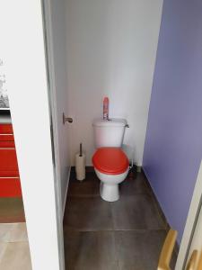 a bathroom with a toilet with a red seat at Appartement Cosy chez Nicolas et Aline in Pompiey