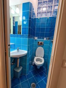 bagno piastrellato blu con servizi igienici e lavandino di La dimora dei Cedri Argentati a Roma