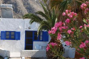 un edificio azul y blanco con una palmera y flores rosas en Apollo Rooms en Perissa