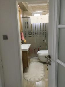 a bathroom with a shower and a toilet and a sink at AYDIN APART. in Arsin