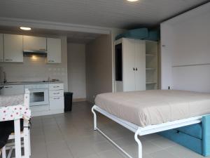 Cet appartement comprend une chambre avec un lit et une cuisine avec des placards blancs. dans l'établissement Studio Bellevue, à Égletons