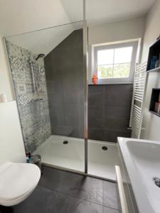 a bathroom with a shower and a toilet and a sink at Great house 5' from Tomorrowland in Rumst