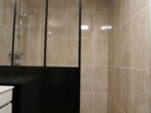 La salle de bains est pourvue d'une douche avec une porte en verre. dans l'établissement Studio Bellevue, à Égletons