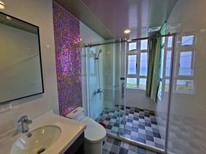 a bathroom with a shower and a sink and a toilet at Sky Castle Homestay in Fengbin
