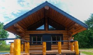a log cabin with a blue roof and a porch at Pirtis pas Astą in Lelaičiai