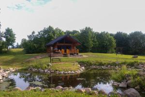a log cabin with a pond in front of it at Pirtis pas Astą 