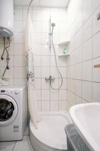 y baño con lavadora junto a un aseo. en Charming little apartment, en Čilipi