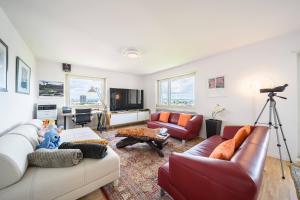 a living room with a couch and a tv at City Dream Seeblick free parking in Kreuzlingen