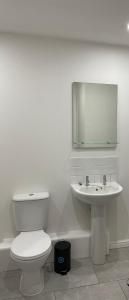 a white bathroom with a toilet and a sink at 31 Galleria Court in London