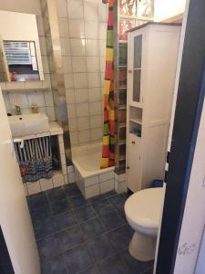 een kleine badkamer met een toilet en een wastafel bij Haus-Crone in Burgtiefe auf Fehmarn 