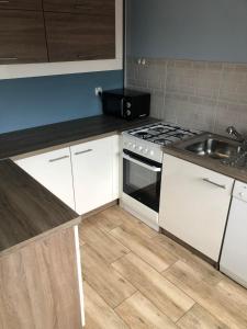 a kitchen with white cabinets and a stove and a sink at Apartament Zwirki i Wigury 38 in Bydgoszcz