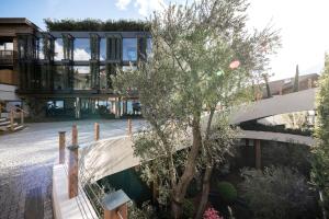 una vista exterior de un edificio con un árbol en SPA & Relax Hotel Erika, en Tirolo