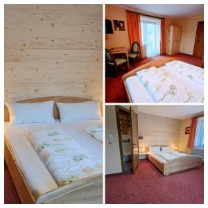 two pictures of a hotel room with two beds at Pension Handle in Kramsach