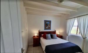1 dormitorio con 1 cama con almohadas rojas y azules en The Dune Hideaway, en Port Alfred