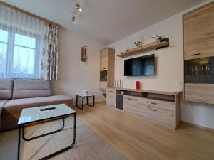 uma sala de estar com um sofá e uma televisão em Appartement Stadler em Bad Hofgastein