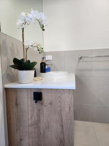 a bathroom with a sink and a white counter with a plant at Bullseye in Yarrawonga