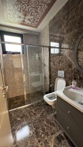 La salle de bains est pourvue d'une douche, de toilettes et d'un lavabo. dans l'établissement Emela Villa, à Sapanca