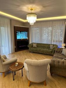 a living room with a couch and chairs and a television at Emela Villa in Sapanca