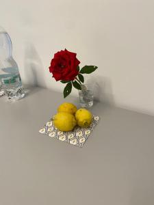 a vase with a rose and a vase with lemons and a flower at Villa Palladino B&B in Santo Spirito