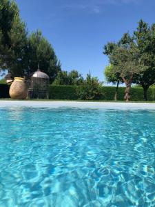 una piscina de agua con cenador y árboles en L'Intemporelle B&B, en Le Buisson de Cadouin