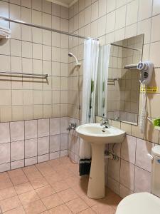 uma casa de banho com um lavatório, um espelho e um WC. em Corner Love House em Hualien City