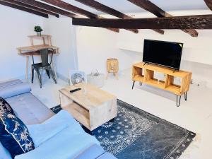uma sala de estar com um sofá azul e uma televisão de ecrã plano em Loft buhardilla en perfecta ubicación em Santander