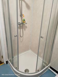 a shower with a glass shower stall with a shower at The Oldtown Apartments in Cookstown