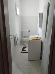 Baño blanco con aseo y lavamanos en Da Silvana, 