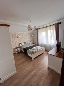 um quarto com uma cama, uma secretária e uma televisão em Casa Petra em Pietrăria