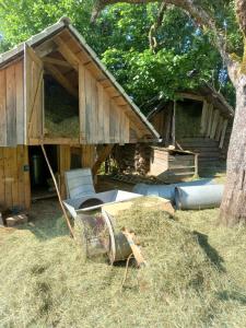 dom z sianem przed nim w obiekcie Tubej turist farm - wooden hayloft w mieście Bohinjska Bistrica