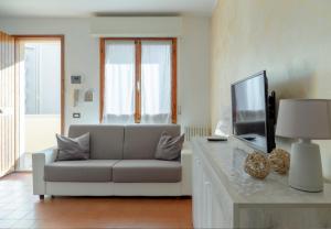 een woonkamer met een bank en een tv bij Appartamenti Angelica Ospedale cisanello in Pisa