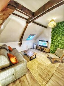 - un salon avec un canapé et une télévision dans l'établissement La casa Terracotta - centre ville , spacieux & confortable, à Béthune