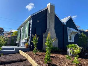 ‘Attunga’-1 min to Sovereign Hill, CBD, wifi, bath في بالارات: البيت الأزرق مع نافذة خضراء وبعض النباتات