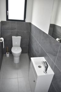 y baño con aseo blanco y lavamanos. en Maison climatisée accessible PMR en Argelès-Gazost