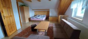 Ubytování Na Výsluní Tanvald في تانفالد: غرفة معيشة مع أريكة وسرير
