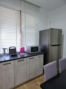 a kitchen with a refrigerator and a microwave at Zyli Apts, BY Bunker Art 2 Museum, Tirana in Tirana