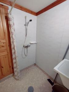 a bathroom with a shower and a sink at Opslidre Apartment in Slidre