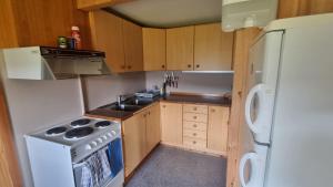 a small kitchen with a stove and a refrigerator at Opslidre Apartment in Vollen