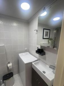 bagno con lavandino, servizi igienici e specchio di Studio in the center, 2 mins from the beach a Loutraki