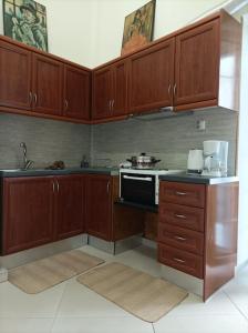 uma cozinha com armários de madeira e um fogão em Piraeus art deco apartment em Piraeus