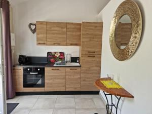 een keuken met houten kasten, een wastafel en een spiegel bij Maison/gîte-6 km de Tours in La Membrolle-sur-Choisille