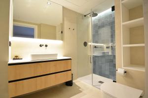 uma casa de banho com um lavatório e uma cabina de duche em vidro. em RD Hotel Apartamento em Poio