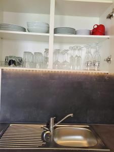a kitchen counter with a sink and glasses on a shelf at Ferienwohnung Fröse in Altenbeken