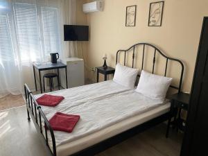 a bedroom with a bed with two red pillows on it at Къща за гости Германови in Obzor