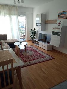 Una sala de estar con un sofá y un televisor. en Renta apartman, en Podgorica