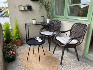 2 Stühle und ein Tisch auf der Terrasse in der Unterkunft Apartman Cvjetnjak in Čakovec