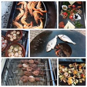 een collage van foto's van voedsel koken op een grill bij Hotel Schlömer in Cloppenburg
