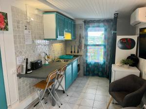 eine Küche mit blauen Schränken und einer Theke mit einer Spüle in der Unterkunft Studio Ti’ Colibri in Sainte-Marie